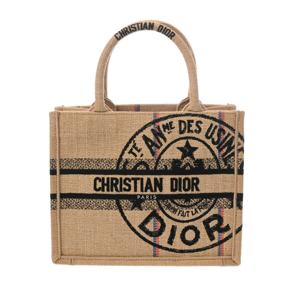 CHRISTIAN DIOR Book Tote Beige Black Multi Jute Handbag
